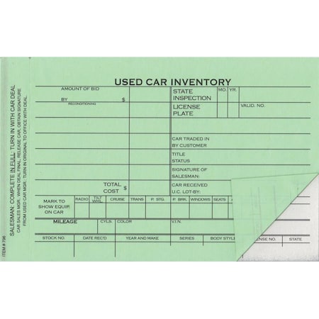 Asp Used Car Inventory Card, 6 5/8" X 4 1/4" - 2 Part, 100 Per Pack Pk 796
